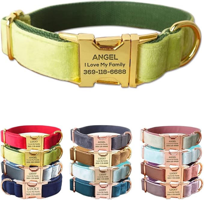 PETDURO Custom Dog Collar Personalized with Name Engraved Quick Release Rose Gold Metal Buckle for Large Medium Small Girl Dogs - Dog Leash and Bow Tie Available - Soft Comfy Velvet (Mint Green, XL)
