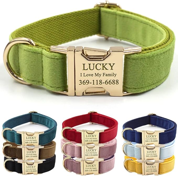 PETDURO Custom Dog Collar Personalized with Name Engraved Quick Release Rose Gold Metal Buckle for Large Medium Small Girl Dogs - Dog Leash and Bow Tie Available - Soft Comfy Velvet (Green, XS)