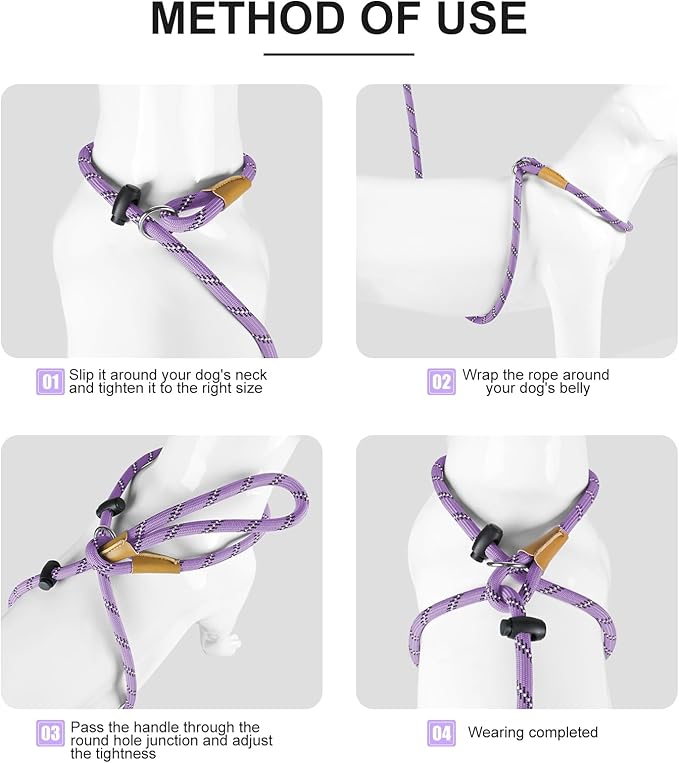 Lynxking No Pull Rope Dog Harness No Pull Reflective Leash Harness Collar 3 in 1 Dog Halter Harnesses Adjustable for Large Giant Dog (Light Purple, Small 3/8 inch)