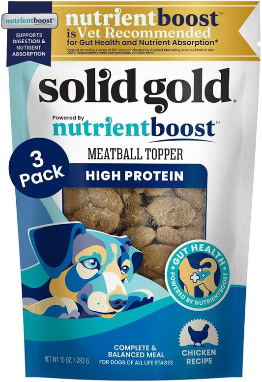 Solid Gold Meatball Dog Food Toppers for Dry Food - High Protein Chicken Meatball Topper for Dogs - Complete Meal, Meal Mix in or Soft Dog Treats - Gut Support - 3 Pack *Refrigerate After Opening*