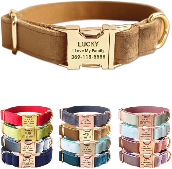 PETDURO Custom Dog Collar Personalized with Name Engraved Gold Metal Buckle for Large Medium Small Dogs - Dog Leash and Bow Tie Available - Soft Thick Velvet (Camel RG, XL)