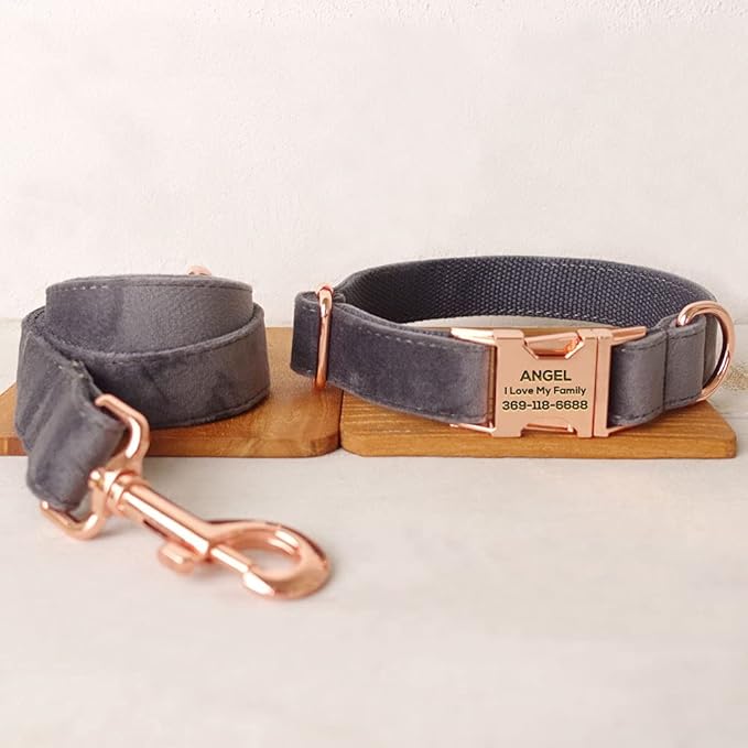 PETDURO Custom Dog Collar Personalized with Name Engraved Quick Release Rose Gold Metal Buckle for Large Medium Small Girl Dogs - Dog Leash and Bow Tie Available - Soft Comfy Velvet (Grey, M)