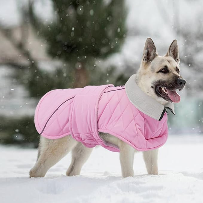 Kuoser Extra Warm Dog Coat, Windproof Cold Weather Dog Jackets for Large Dogs, Thick Fleece Lining Pet Turtleneck Snowsuit Reflective Adjustable Puppy Winter Coat Doggie Snow Jacket Pink, XL