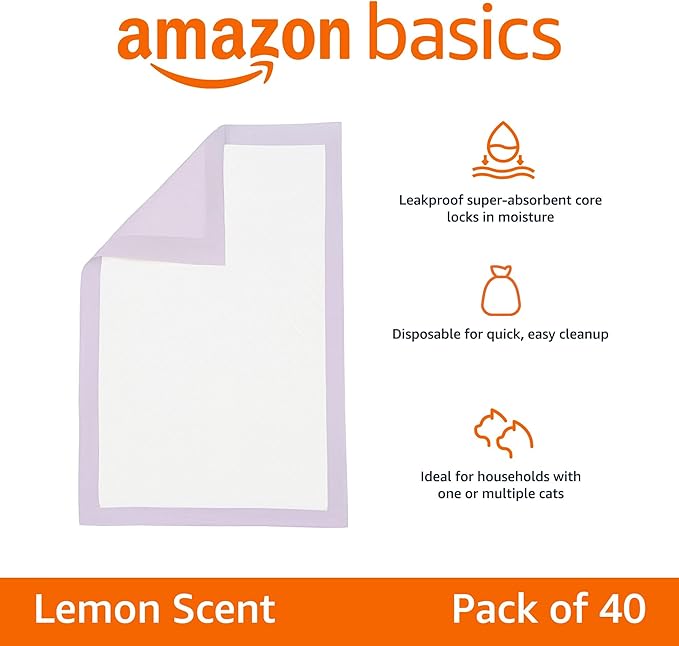 Amazon Basics Cat Litters Pee Pads, 40 Count, Universal Fit for Litter Box, Odor Control with Lemon Scent, Purple and White