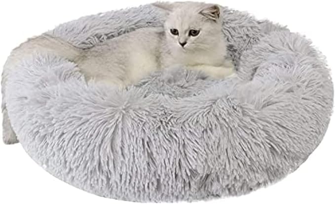 KittyComforts 24 inch Washable Round Plush Faux Fur Cat Bed - Anti-Anxiety Dog & Cat Bed for Small to Medium Pets - Thick Bottom (Light Grey, Large)