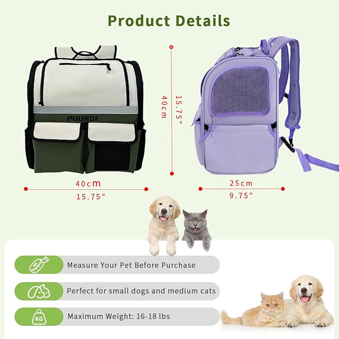 Cat Backpack Carrier, Pet Backpack for Small Dogs, Medium Cats, UP to 16 lbs, Ergonomic 3D Design, Strap Hidden Storage Compartment Dog Backpack Carrier for Hiking, Camping and Vet Visits (Purple)
