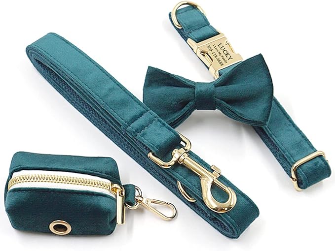 PETDURO Custom Dog Collar Personalized with Name Engraved Quick Release Rose Gold Metal Buckle for Large Medium Small Girl Dogs - Dog Leash and Bow Tie Available - Soft Comfy Velvet (Gem Green, S)