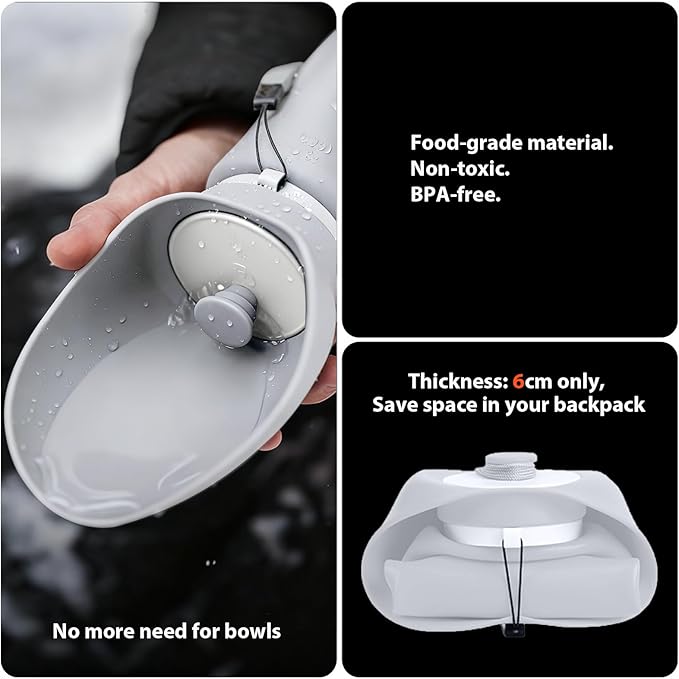 Portable Dog Water Bottle, 2-in-1 Leak Proof & Collapsible Silicone Pet Dispenser with Built-in Bowl, Food Grade Travel Cup for Walking, Hiking (19oz/550ml, Gray)