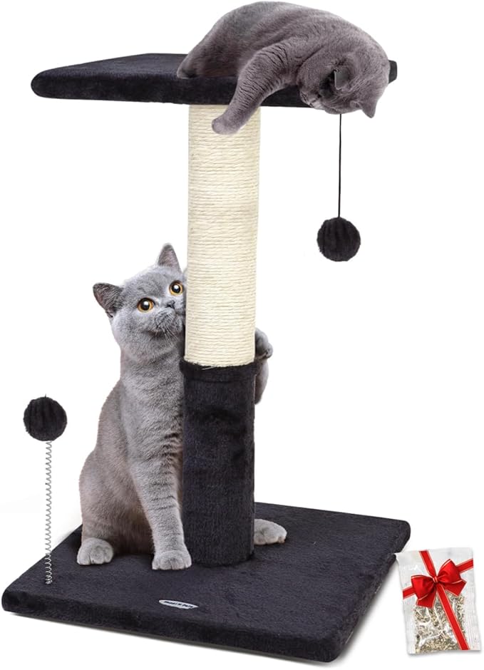 Happi N Pets 26" Cat Scratching Post with Platform, Sisal Cat Trees Tower for Indoor Cats, Featuring with Hanging Balls & Cozy Cat Perch, Stable Cat Scratch Posts for Kittens-Smoky Gray