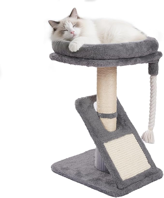 Cat Tree with Bed, 24.8" Multi-Level Cat Tower with Sisal Scratching Posts, Plush Perch, Hanging Toys & Grooming Brush - for Indoor Cats to Play, Sleep, and Claw Sharpening