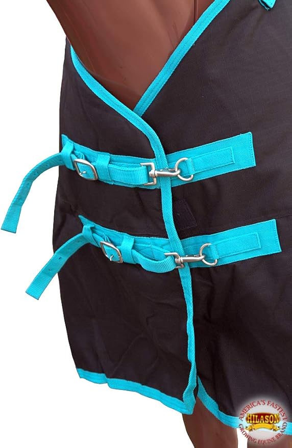 HILASON Black with Turquoise Trims 82 inch 1200D Winter Waterproof Poly Horse Turnout Blanket Belly Wrap
