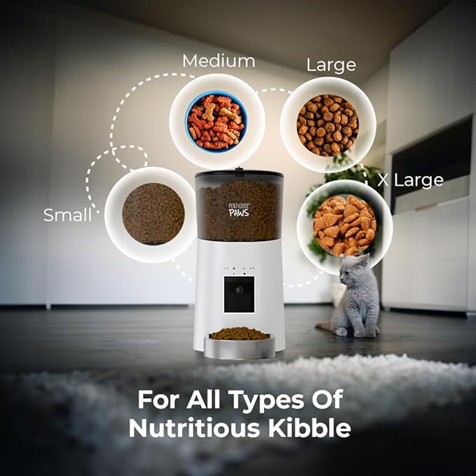 Smart HD Automatic Cat Feeder with 1080P Camera & Night Vision, 2-Way Audio, WiFi App Control, Anti-Jam 6L Pet Feeder with Battery Backup, Schedules Up to 15 Meals for Cat & Dog White Stainless Steel