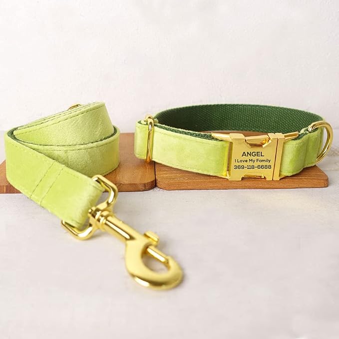 PETDURO Custom Dog Collar Personalized with Name Engraved Quick Release Rose Gold Metal Buckle for Large Medium Small Girl Dogs - Dog Leash and Bow Tie Available - Soft Comfy Velvet (Mint Green, L)