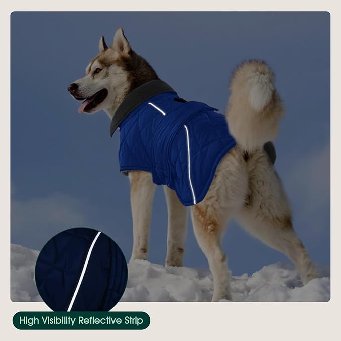 Kuoser Dog Coat, Super-Warm Dog Jacket Windproof Pet Cold Weather Coats for Extra Large Dogs, Fleece Lining Quilted Turtleneck Puppy Snowsuit Reflective Adjustable Doggie Winter Clothes, Blue, 2XL