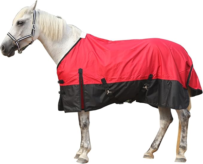 600 Denier Rip-Stop Horse Rain Sheet Lightweight Waterproof and Breathable Turnout Horse Blanket (No Fill) Red/Black 75