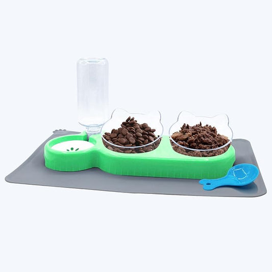 Triple Cat Bowls with Water Dispenser, Pet Whisker Friendly Water and Food Bowl Set with Non-Slip Mat, 15° Tilted Double Feeding Bowls, Elevated Wet and Dry Food Dish for Kitten&Small Dog (Mint)