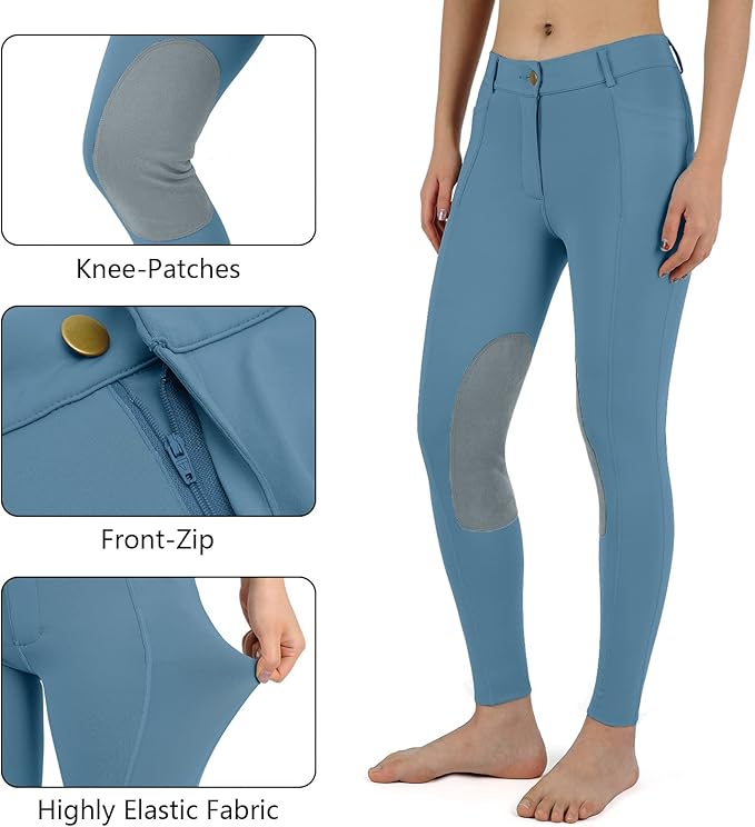 beroy Kids Horse Riding Knee-Patches Pants Girls Equestrian Front-Zip Breeches Legging with Pockets
