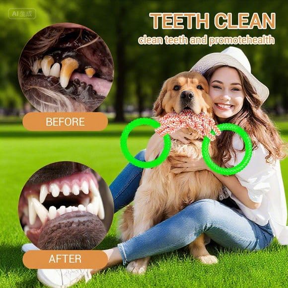 Dog Leash Interactive Toys, tug-of-war Toys Suitable for Large, Medium and Small Dogs, Double-Ring Rubber Grinding Teeth, 100% Cotton Rope Chewing Toys, Teeth Cleaning and Interaction (Green)