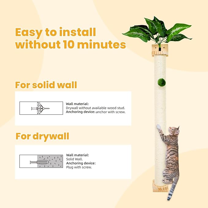 Wall-Mounted Cat Scratching Post with Hanging Ball, Cat Climbing Perch with Sisal & Plush, Space-Saving Cat Tree for Indoor Cats Adult