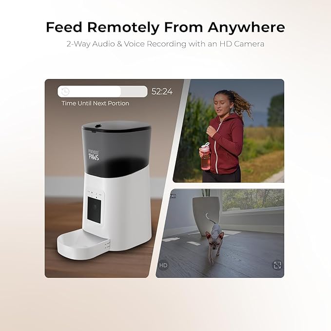 Smart HD Automatic Cat Feeder with 1080P Camera & Night Vision, 2-Way Audio, WiFi App Control, Anti-Jam 6L Pet Feeder with Battery Backup, Schedules Up to 15 Meals for Cat & Dog (White)