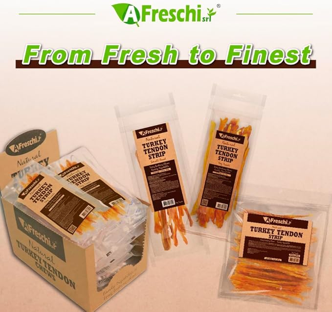 AFreschi Turkey Tendons for Dogs, USA-Sourced, Healthy Dog Treats, Rawhide-Free Puppy Chews, Long Lasting, All Natural, Hypoallergenic Dog Treats for Small Breeds, 3.53 oz Pack Strips
