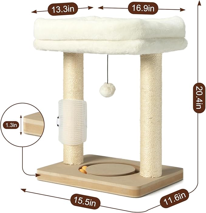 Small Cat Tree Tower Scratching Post with Perch Bed for Indoor Cats and Kittens,Track Ball Hanging Ball Toy Self-Massage Brush Beige
