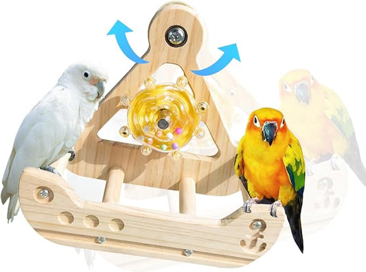 Bird Stand Perch Toy,Interactive Rocking Parakeet Toy and Perch, Wooden Exercise Wheel Cockatiel Toy, Intelligence Puzzle Enrichment Toys,Bird Playground Play Stands for Conure Budgie(C)