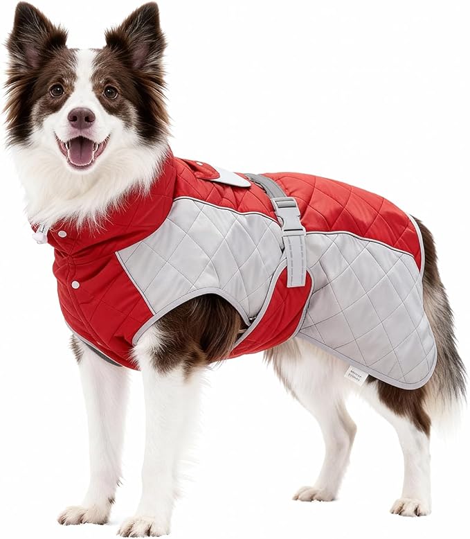 Dog Coat Dogs Winter Coat- Fleece Lined,Water-Resistant,Convertible Collar,Back Reflective Strip&Easy to Wear for Outdoor Walking Dog-Jacket(Red, Large)
