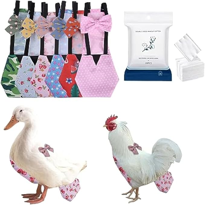 MANON ROSA Chicken Diapers Bantam Hens - Reusable 6-Piece Set with Bow Ties Poultry Nappies Washable Waterproof for Geese Pet Ducks Silkie(6D20P M)