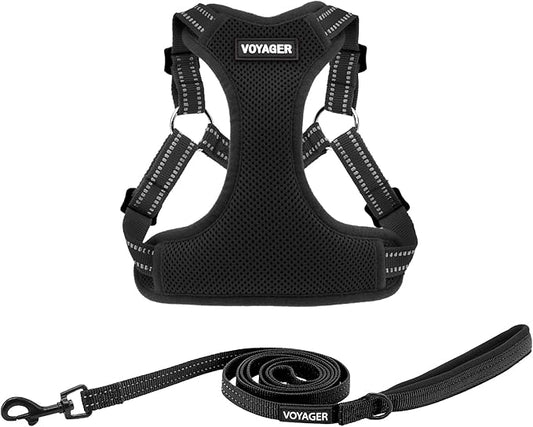 Best Pet Supplies Voyager Mesh Dog Breathable Harness Reflective Stitching, All Weather Adjustable for Walking Training, or Running - Heavy Duty & Durable, Harness Leash Set (Black), XS