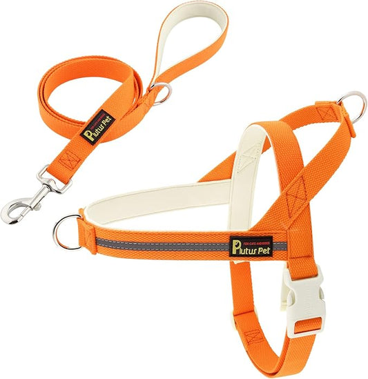 Plutus Pet Cotton Dog Harness and Leash Set, Reflective and Soft Padded, Quick Fit Vest Harness, for Small, Medium and Large Dogs, Orange, XS