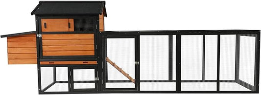 KEIKI 113" Wooden Chicken Coop with Run, Large Outdoor Hen Cage with Nesting Box and Predator-Proof Lock, Waterproof Anti-UV Roof Rabbit Hutch for Backyard Poultry, Brown