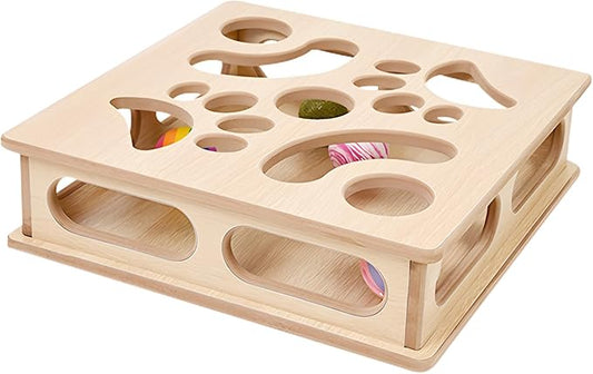 Cat Interactive Box Puzzle Toy with 3 Small Balls and 1 Bell Indoor Hunting Exercise Toy for Kittens Natural Wood Material