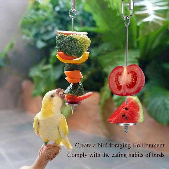 2pcs Hanging Bird Treat Skewer Parrot Fruit Feeder, 8.9 Inch Stainless Steel Bird Food Holder Parrot Fruit Food Skewer with Washer Nut Parakeet Treat Holder Feeder for Parrot Budgie Conure, LXLVOUEG