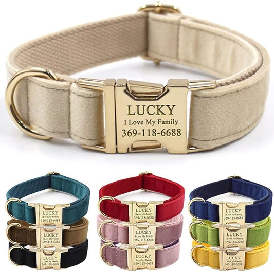 PETDURO Custom Dog Collar Personalized with Name Engraved Quick Release Rose Gold Metal Buckle for Large Medium Small Girl Dogs - Dog Leash and Bow Tie Available - Soft Comfy Velvet (Pale Brown, XS)