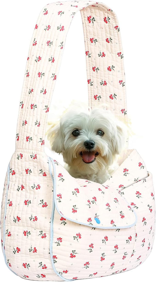 Floral Dog Sling Carrier, Breathable Cotton Hand-Free Cat Carrier,Chest Pet Purse for Small Dog Cat 3-12 lbs (White, Medium)