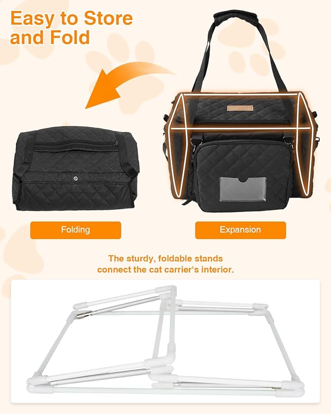 PETUX Collapsible Airline Approved Cat Carrier - 16" x 10" x 9.5", Double Anti-Escape, Small Pet Travel Bag for Small Cats Under 10 lb with Removable Snack Bag, Safety Buckle ＆ Leash - Black