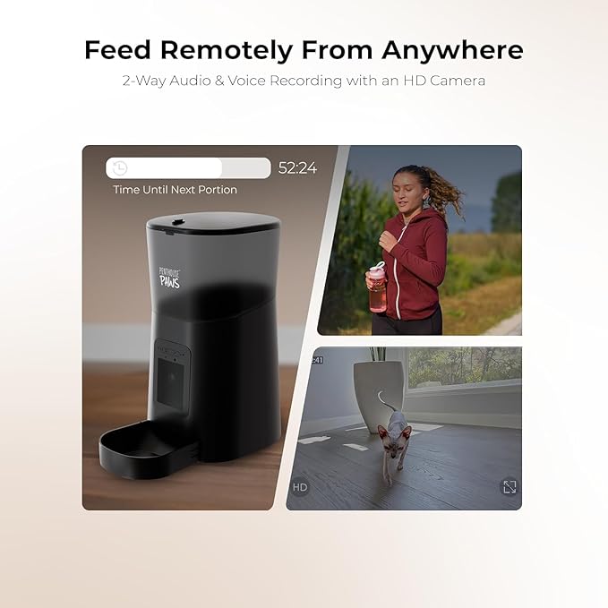 Smart HD Automatic Cat Feeder with 1080P Camera & Night Vision, 2-Way Audio, WiFi App Control, Anti-Jam 6L Pet Feeder with Battery Backup, Schedules Up to 15 Meals for Cat & Dog (Black)