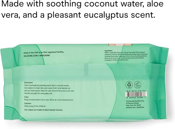 Wild One, Eucalyptus Natural Dog Grooming Wipes, Cruelty-free, resealable lid, 70 wipes per pouch, 210 Count