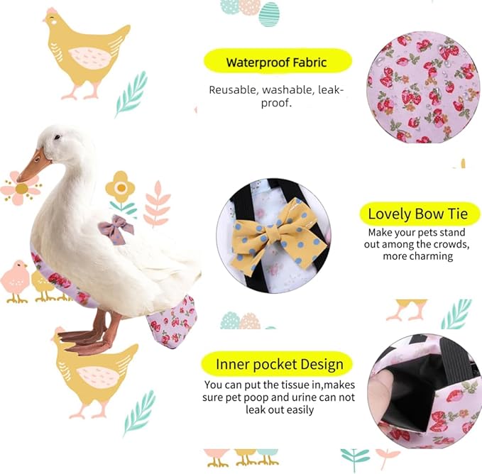 MANON ROSA Chicken Diapers Bantam Hens - Reusable 3-Piece Set with Bow Ties Poultry Nappies Washable Waterproof for Geese Pet Ducks Silkie (Graphic XS)