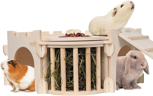 Large Guinea Pig Castle, Natural Wood Rabbit House with Ladder and Hay Feeder, Small Animal Hideout for Rabbit, Guinea Pig, Chinchilla, Hedgehog