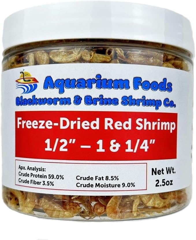 Aquatic Foods Inc. Red River Shrimp - Freeze-Dried 1/2" to 1&1/4" Red River Shrimp for Cichlids, Koi & Pond Fish, Aquatic Turtles, All Community Tropical Fish, Reptiles, Rodents…2.5oz Med Round Jar