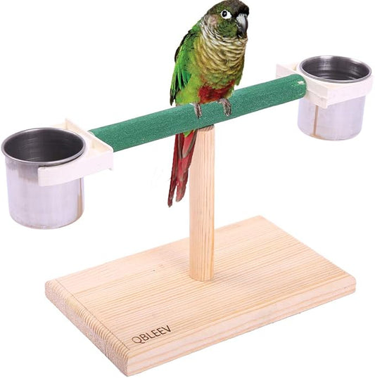 QBLEEV Bird Play Stands Tabletop T Parrot Perch, Wooden Bird Playstand Portable Training Playground, Cage Toys for Small Cockatiels, Conures, Parakeets, Finch