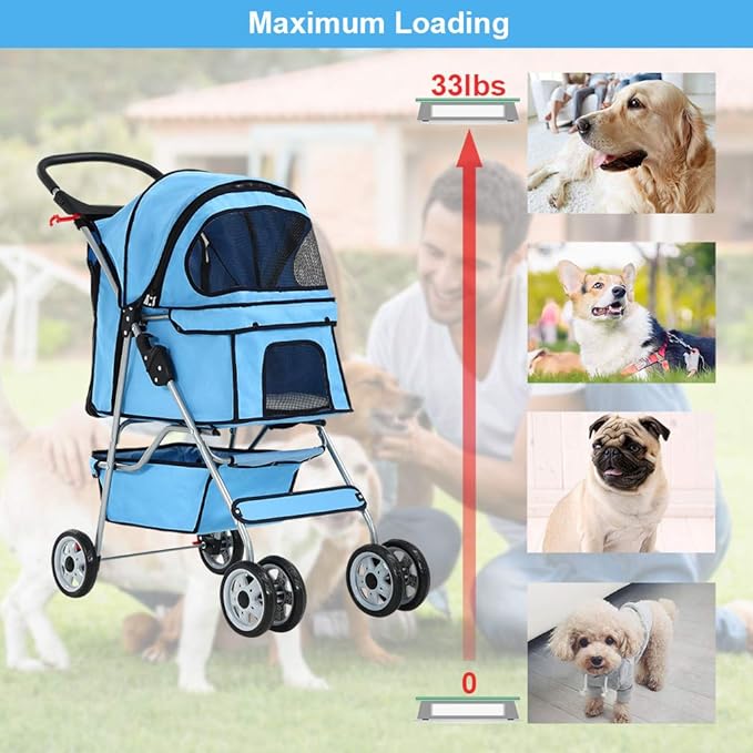 BestPet 4 Wheels Pet Stroller Cat Dog Cage Stroller Travel Folding Carrier 04T