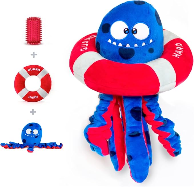 Octopus Dog Toy Set | 3-in-1 Interactive Play: Squeaky Plush with Crinkly Bungee Arms & Durable Life Ring - Large Spiky Squeaker Inside - Small to Large Dogs