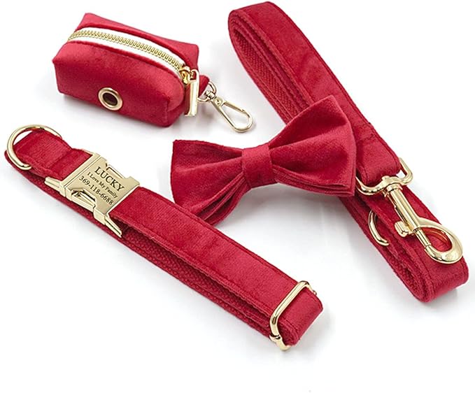 PETDURO Custom Dog Collar Personalized with Name Engraved Quick Release Rose Gold Metal Buckle for Large Medium Small Girl Dogs - Dog Leash and Bow Tie Available - Soft Comfy Velvet (Red, XL)