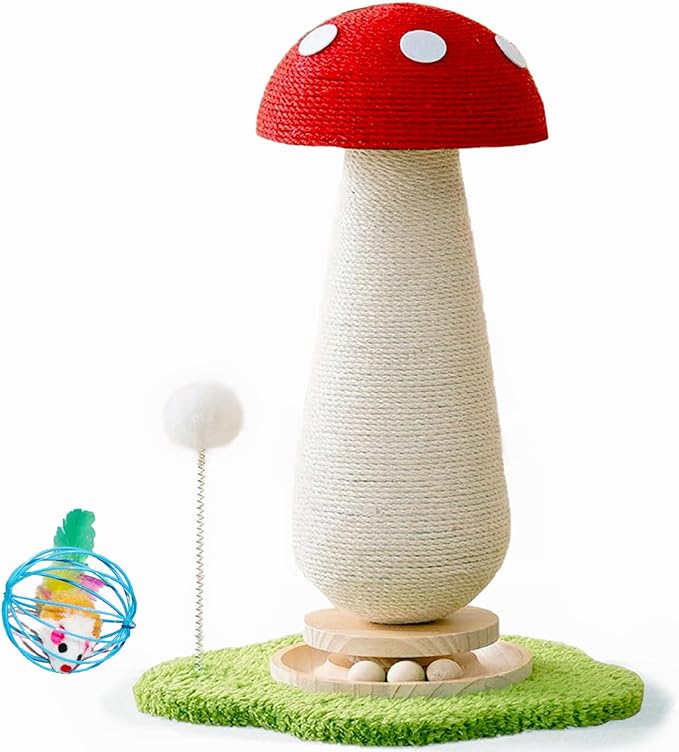 WLHYHHCute Mushroom Shaped Cat Scratching Post - Cat Toy with Ball Lane and Spring-Loaded Pom Poms - 21.25 Inch Tall Sisal Cat Scratching Post for Indoor Cats