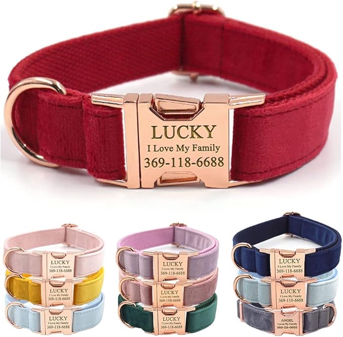 PETDURO Custom Dog Collar Personalized with Name Engraved Rose Gold Metal Buckle for Large Medium Small Girl Dogs - Dog Leash and Bow Tie Available - Soft Comfy Velvet (Christmas Red RG, M)