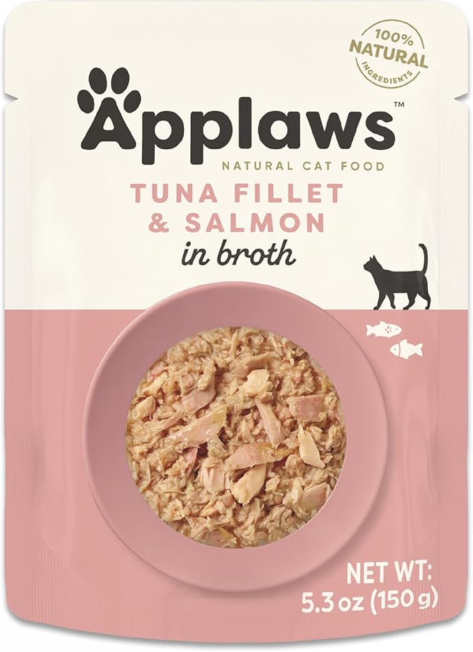 Applaws Natural Wet Cat Food in Broth, Limited and Natural Ingredients, High Protein with No Artificial Additives, Tuna Fillet & Salmon in Broth (12 x 5.3oz Pouches)