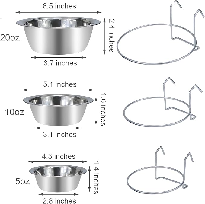 Wontee Pet Bowl Stainless Steel Hanging Food Water Bowls Bird Cage Feeder for Birds, Parrots, Small Sized Dogs and Cats (S+M+L)